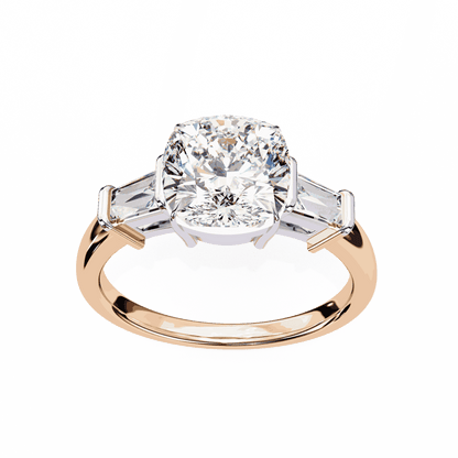 Cushion Cut Lab Grown Diamond Three Stone Engagement Ring with Baguette Sides Plain Band