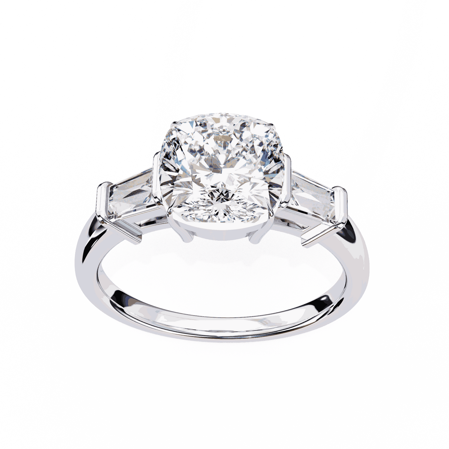 Cushion Cut Lab Grown Diamond Three Stone Engagement Ring with Baguette Sides Plain Band