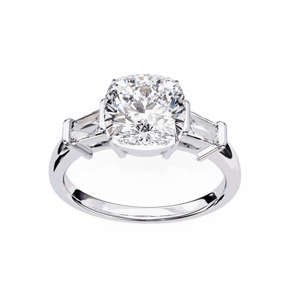 Cushion Cut Lab Grown Diamond Three Stone Engagement Ring with Baguette Sides Plain Band