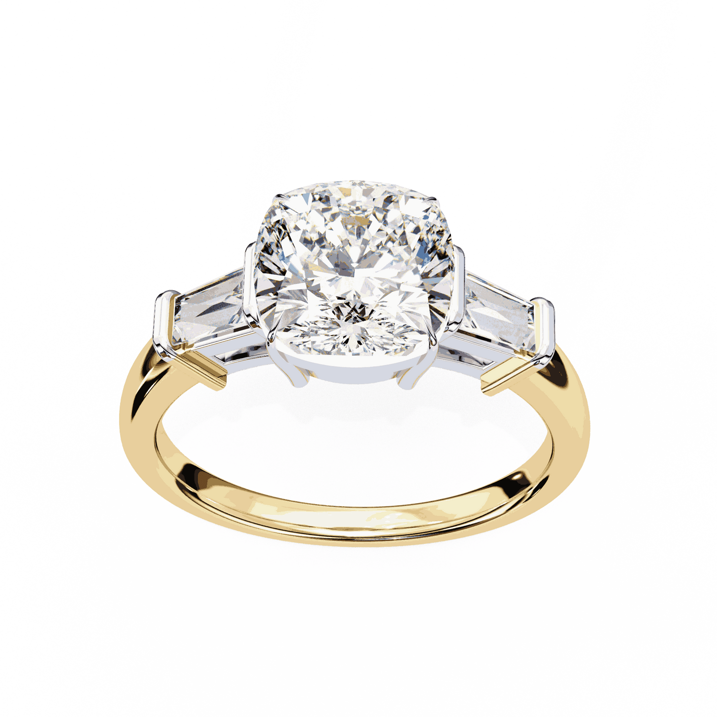 Cushion Cut Lab Grown Diamond Three Stone Engagement Ring with Baguette Sides Plain Band