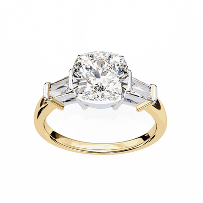 Cushion Cut Lab Grown Diamond Three Stone Engagement Ring with Baguette Sides Plain Band