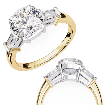 Cushion Cut Lab Grown Diamond Three Stone Engagement Ring with Baguette Sides Plain Band