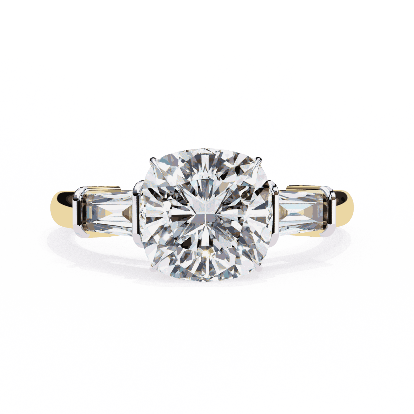 Cushion Cut Lab Grown Diamond Three Stone Engagement Ring with Baguette Sides Plain Band