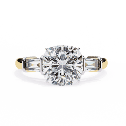 Cushion Cut Lab Grown Diamond Three Stone Engagement Ring with Baguette Sides Plain Band