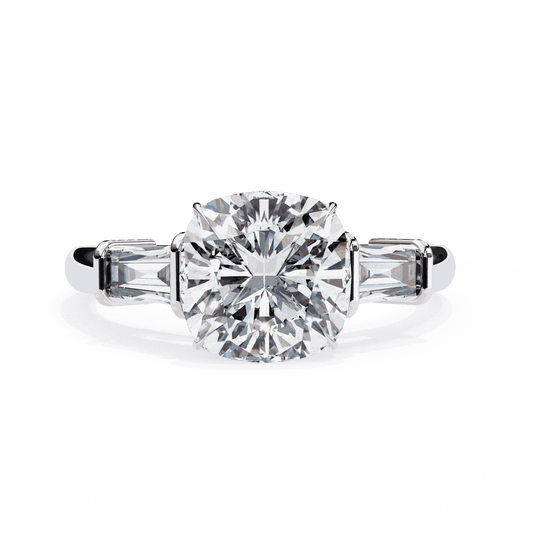 Cushion Cut Lab Grown Diamond Three Stone Engagement Ring with Baguette Sides Plain Band