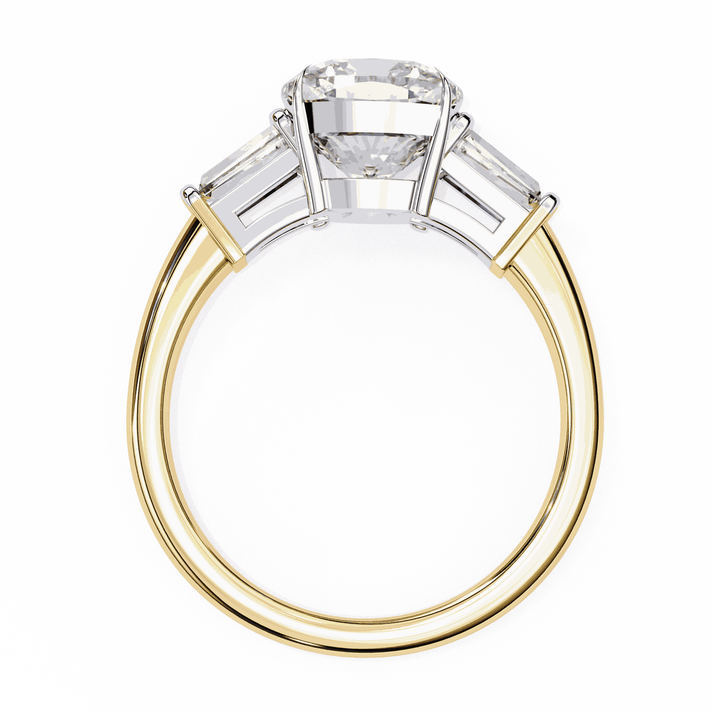 Cushion Cut Lab Grown Diamond Three Stone Engagement Ring with Baguette Sides Plain Band