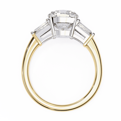 Cushion Cut Lab Grown Diamond Three Stone Engagement Ring with Baguette Sides Plain Band