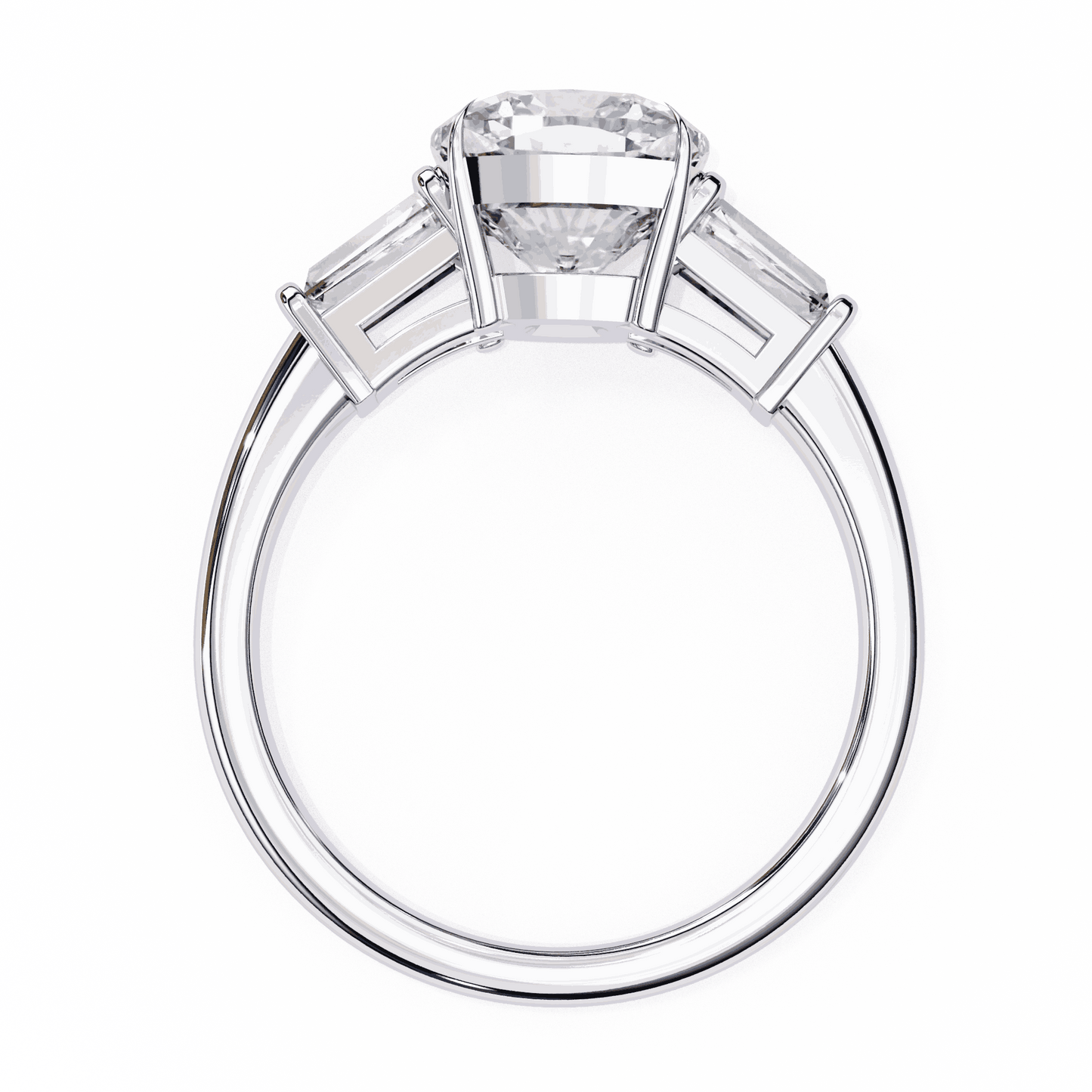 Cushion Cut Lab Grown Diamond Three Stone Engagement Ring with Baguette Sides Plain Band
