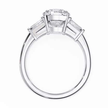 Cushion Cut Lab Grown Diamond Three Stone Engagement Ring with Baguette Sides Plain Band