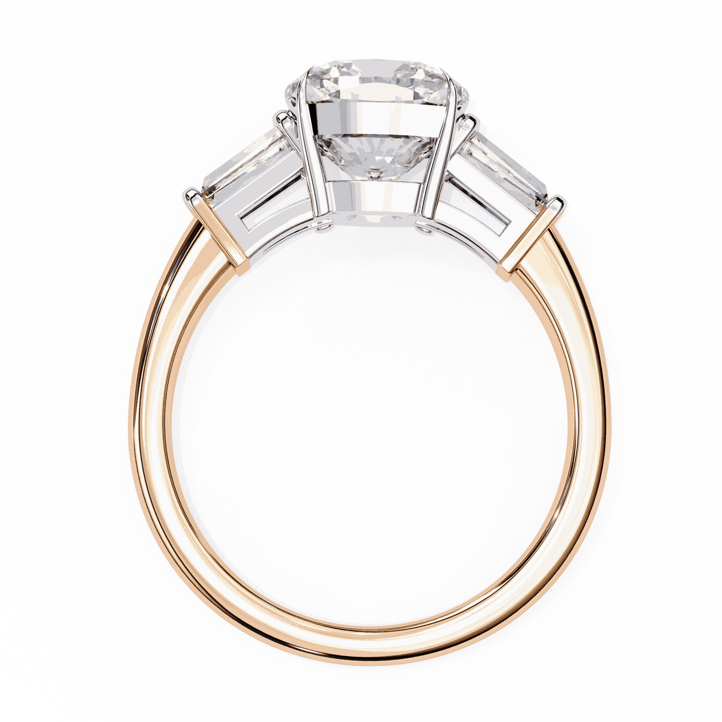 Cushion Cut Lab Grown Diamond Three Stone Engagement Ring with Baguette Sides Plain Band