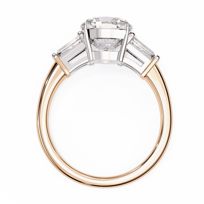 Cushion Cut Lab Grown Diamond Three Stone Engagement Ring with Baguette Sides Plain Band