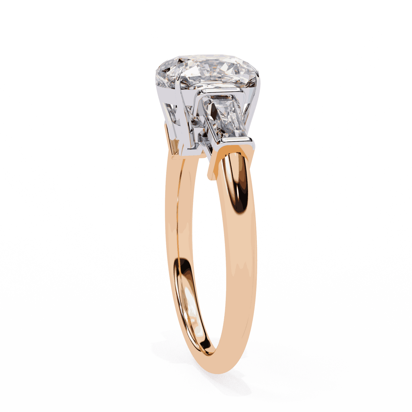 Cushion Cut Lab Grown Diamond Three Stone Engagement Ring with Baguette Sides Plain Band