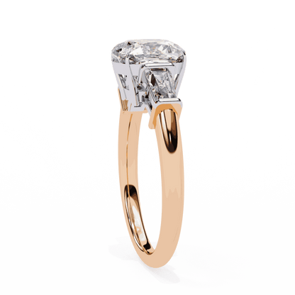 Cushion Cut Lab Grown Diamond Three Stone Engagement Ring with Baguette Sides Plain Band