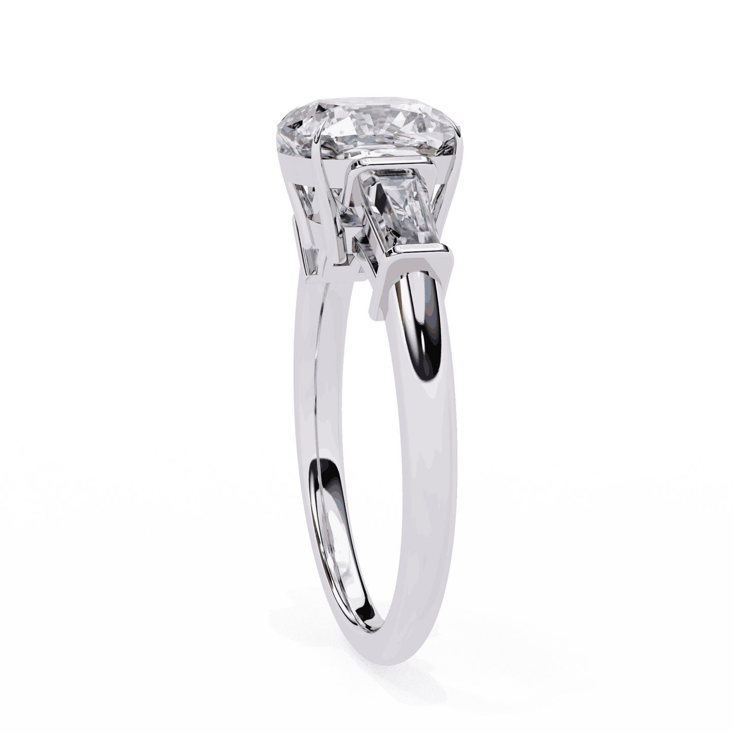 Cushion Cut Lab Grown Diamond Three Stone Engagement Ring with Baguette Sides Plain Band