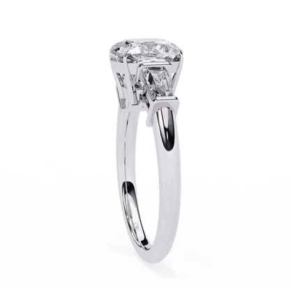 Cushion Cut Lab Grown Diamond Three Stone Engagement Ring with Baguette Sides Plain Band