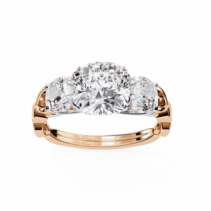 Cushion Cut Lab Grown Diamond Three Stone Engagement Ring with Cushion Sides Twist Band