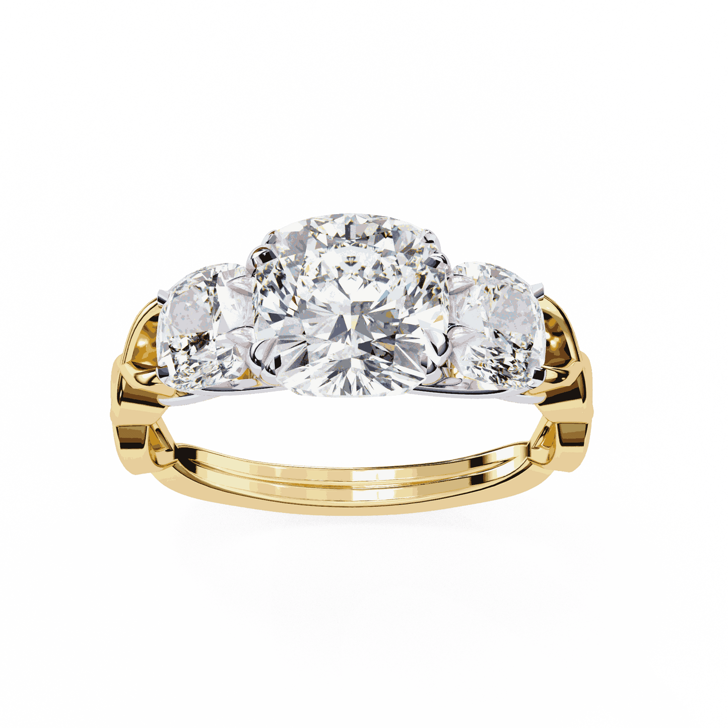 Cushion Cut Lab Grown Diamond Three Stone Engagement Ring with Cushion Sides Twist Band