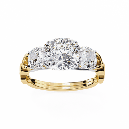 Cushion Cut Lab Grown Diamond Three Stone Engagement Ring with Cushion Sides Twist Band