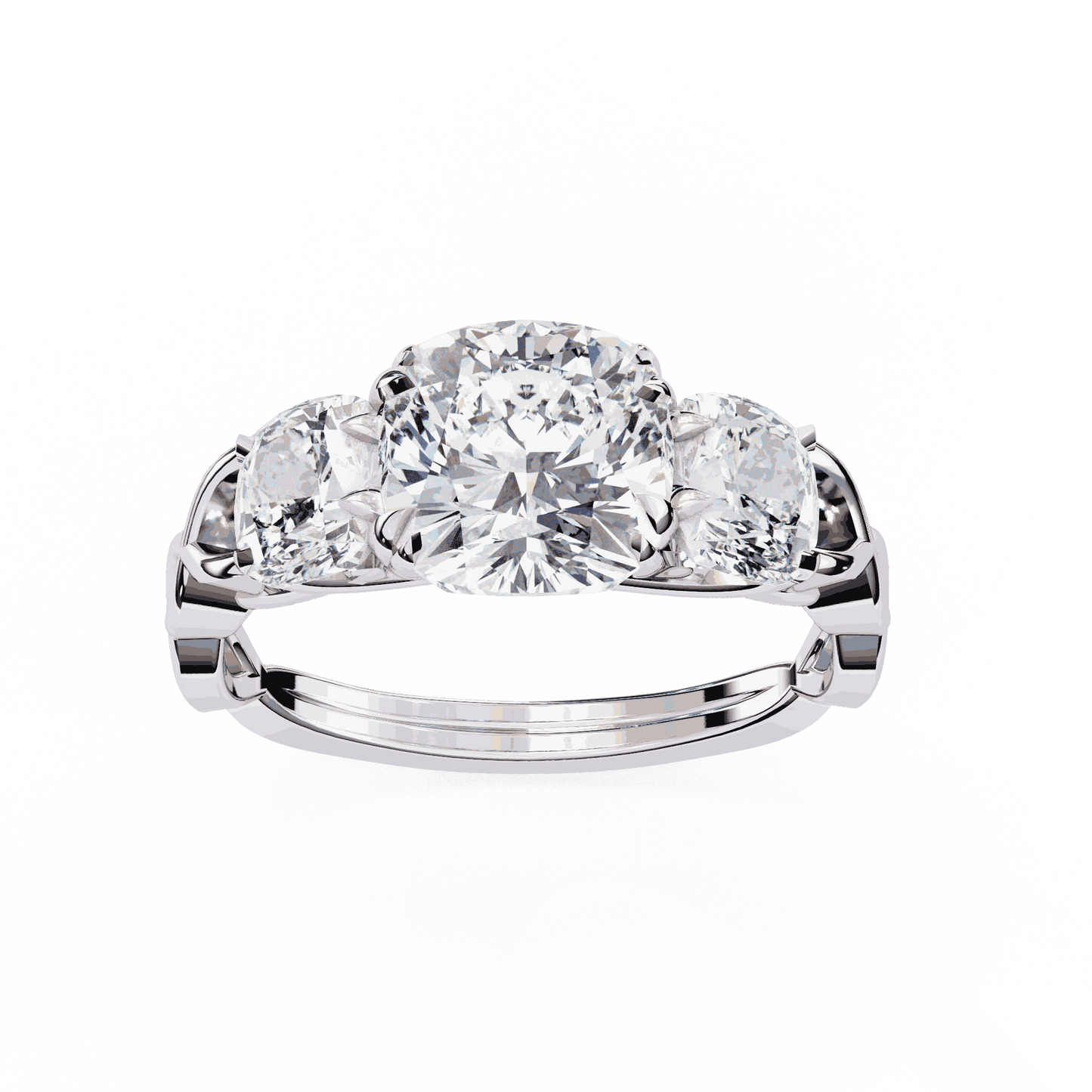 Cushion Cut Lab Grown Diamond Three Stone Engagement Ring with Cushion Sides Twist Band