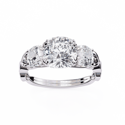 Cushion Cut Lab Grown Diamond Three Stone Engagement Ring with Cushion Sides Twist Band
