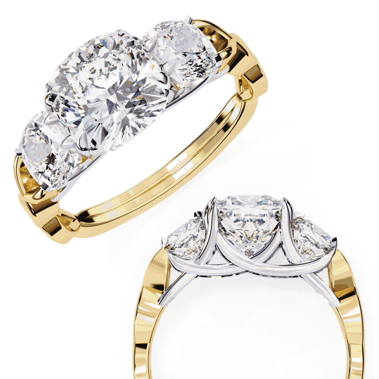 Cushion Cut Lab Grown Diamond Three Stone Engagement Ring with Cushion Sides Twist Band