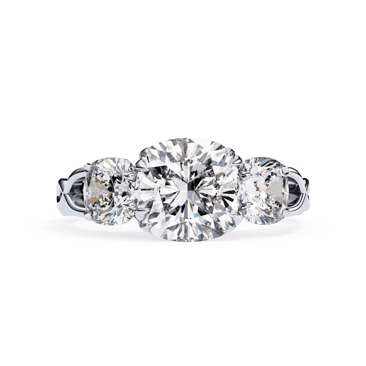 Cushion Cut Lab Grown Diamond Three Stone Engagement Ring with Cushion Sides Twist Band
