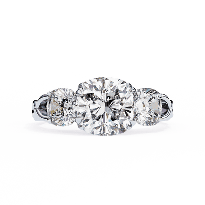 Cushion Cut Lab Grown Diamond Three Stone Engagement Ring with Cushion Sides Twist Band