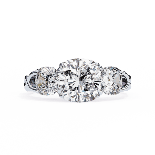 Cushion Cut Lab Grown Diamond Three Stone Engagement Ring with Cushion Sides Twist Band