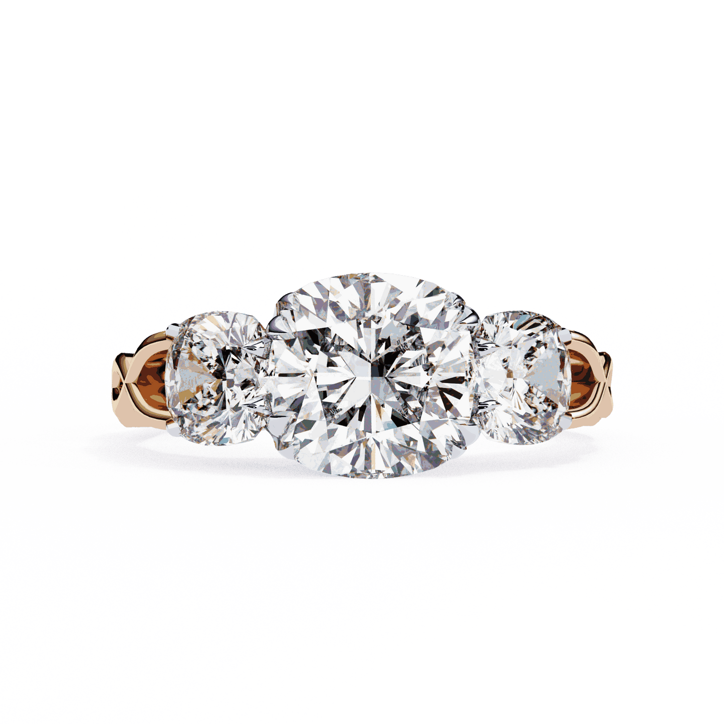Cushion Cut Lab Grown Diamond Three Stone Engagement Ring with Cushion Sides Twist Band