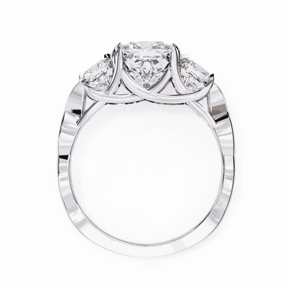 Cushion Cut Lab Grown Diamond Three Stone Engagement Ring with Cushion Sides Twist Band