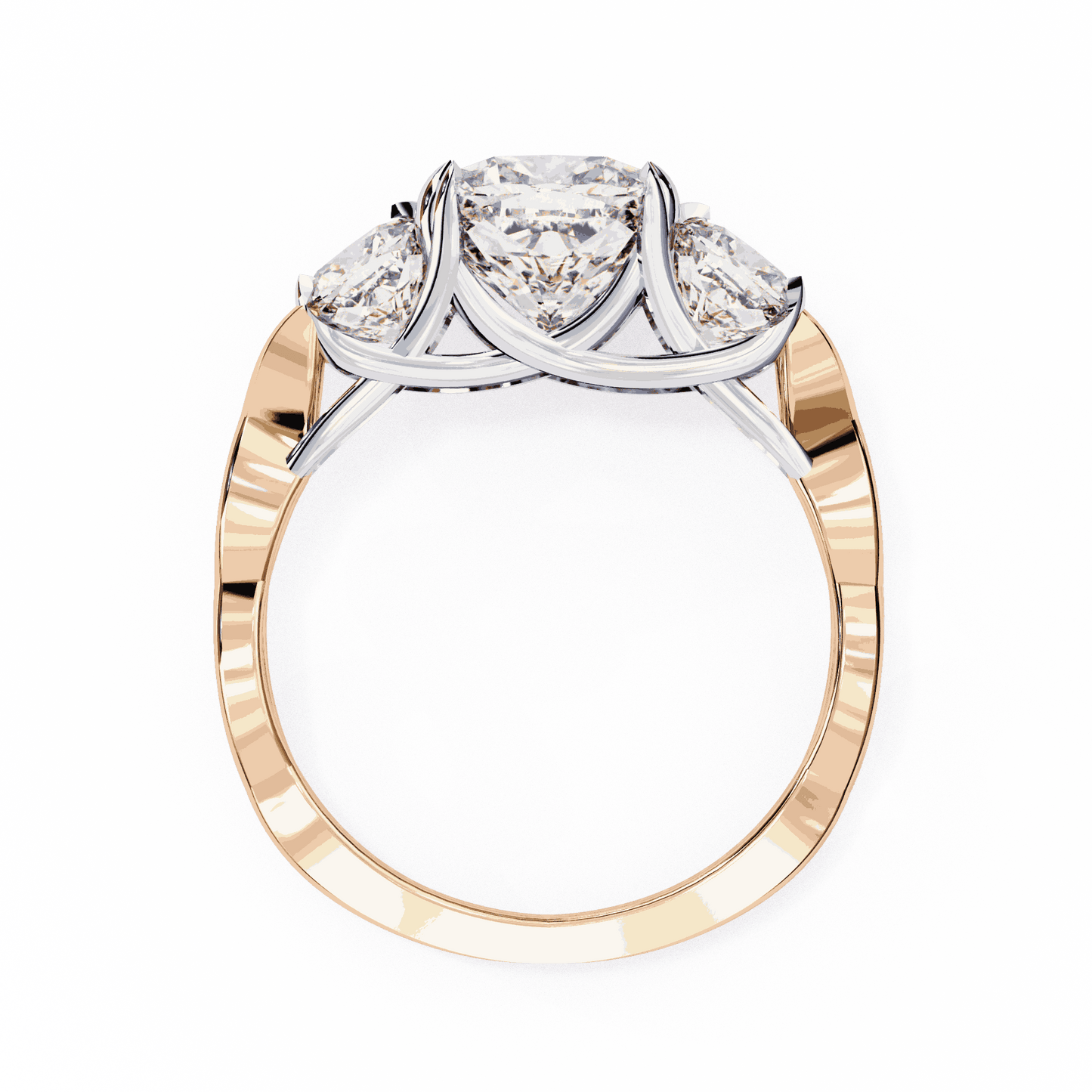 Cushion Cut Lab Grown Diamond Three Stone Engagement Ring with Cushion Sides Twist Band