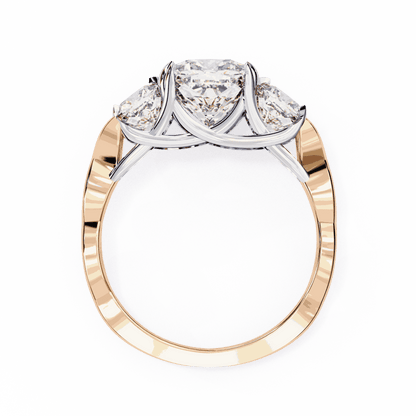 Cushion Cut Lab Grown Diamond Three Stone Engagement Ring with Cushion Sides Twist Band
