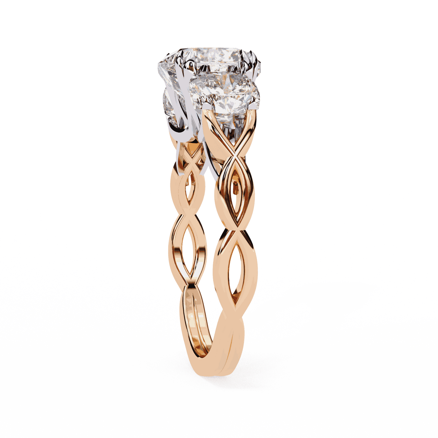 Cushion Cut Lab Grown Diamond Three Stone Engagement Ring with Cushion Sides Twist Band
