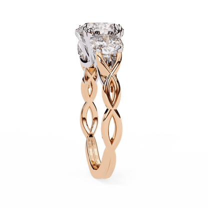 Cushion Cut Lab Grown Diamond Three Stone Engagement Ring with Cushion Sides Twist Band