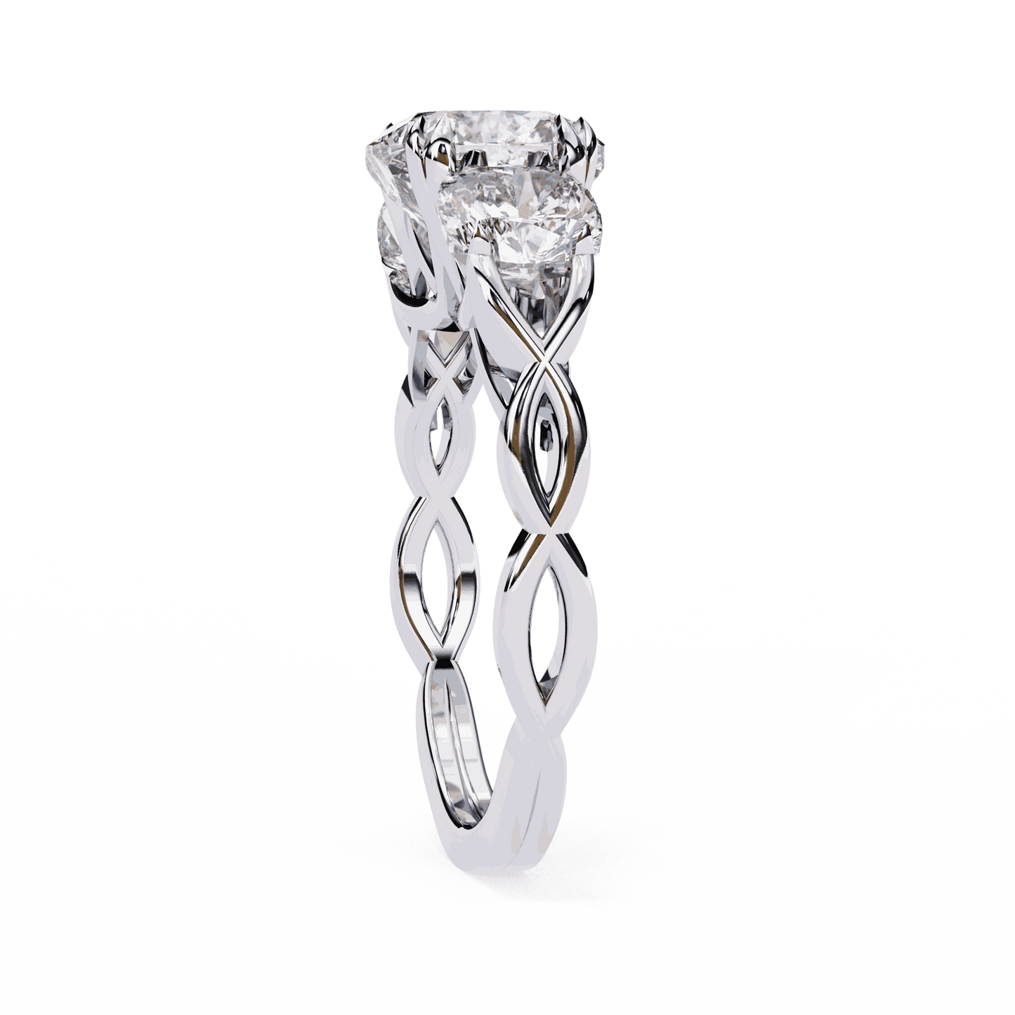 Cushion Cut Lab Grown Diamond Three Stone Engagement Ring with Cushion Sides Twist Band
