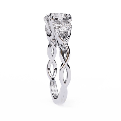 Cushion Cut Lab Grown Diamond Three Stone Engagement Ring with Cushion Sides Twist Band