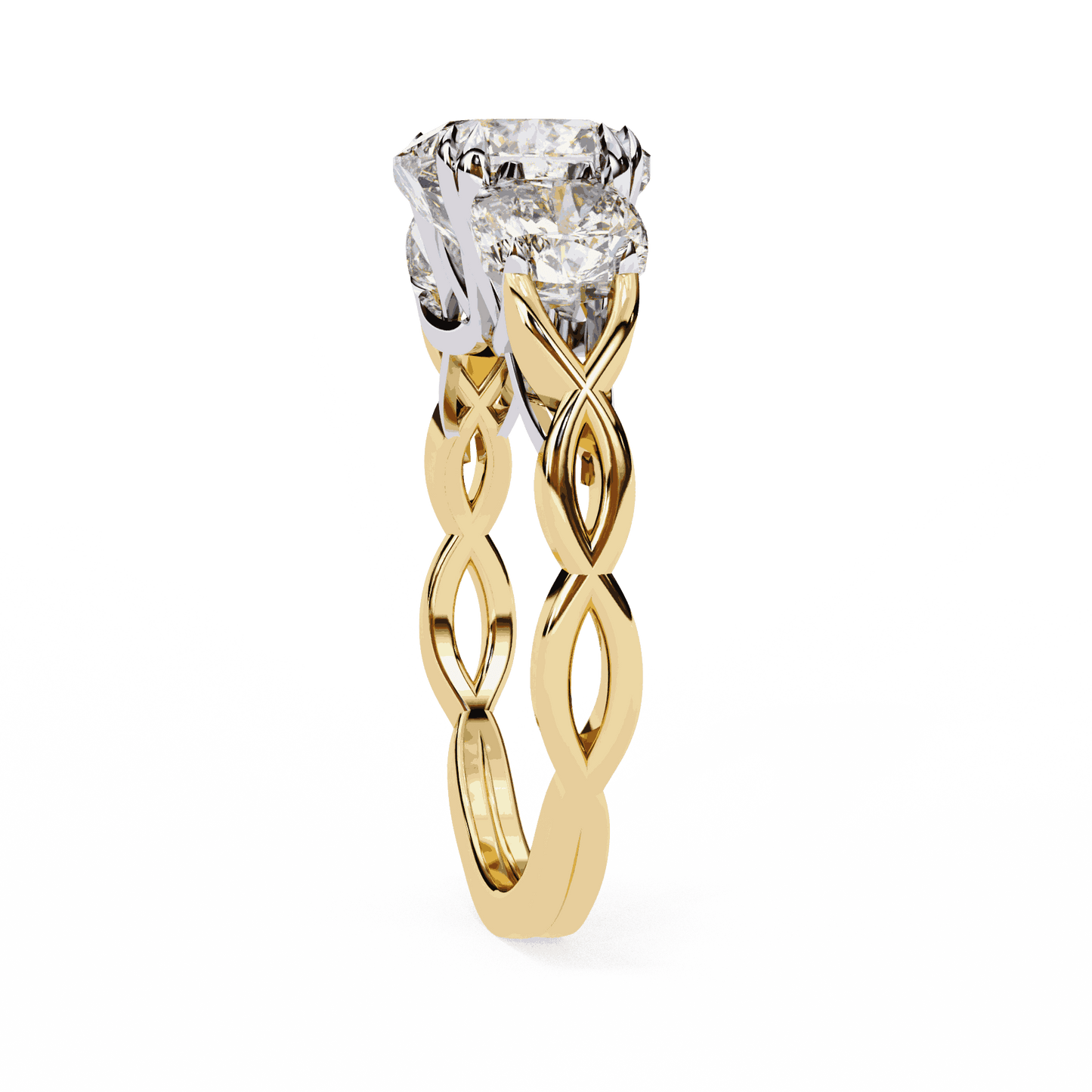 Cushion Cut Lab Grown Diamond Three Stone Engagement Ring with Cushion Sides Twist Band