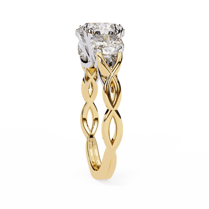 Cushion Cut Lab Grown Diamond Three Stone Engagement Ring with Cushion Sides Twist Band