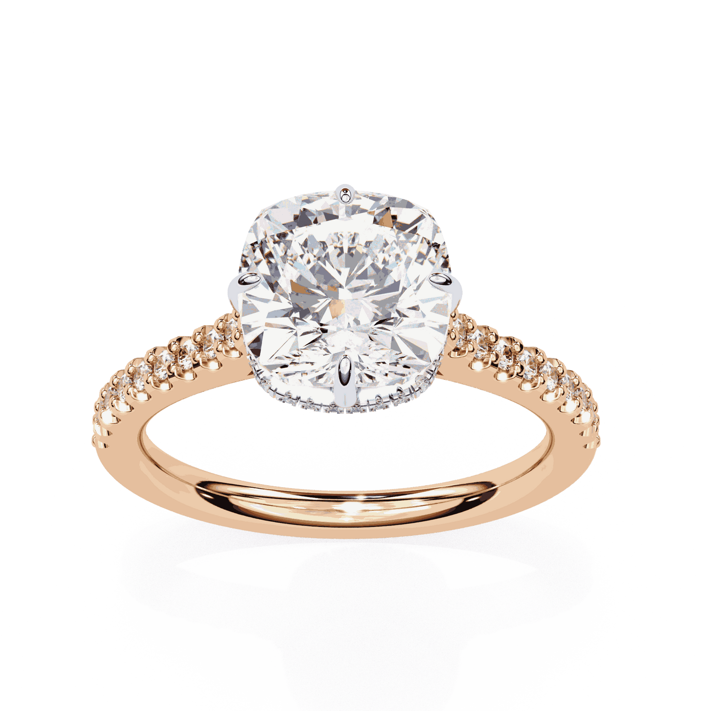 Cushion Cut Lab Grown Diamond Solitaire Engagement Ring with Hidden Halo and Pavé Band