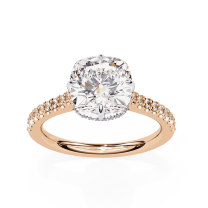 Cushion Cut Lab Grown Diamond Solitaire Engagement Ring with Hidden Halo and Pavé Band