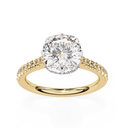 Cushion Cut Lab Grown Diamond Solitaire Engagement Ring with Hidden Halo and Pavé Band