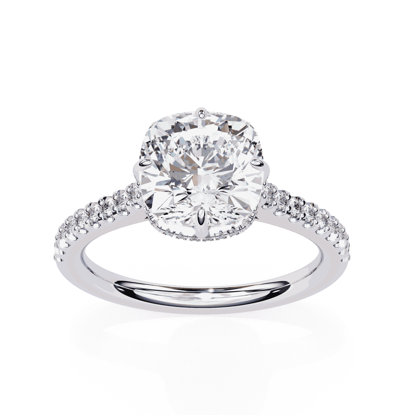 Cushion Cut Lab Grown Diamond Solitaire Engagement Ring with Hidden Halo and Pavé Band