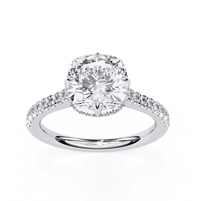 Cushion Cut Lab Grown Diamond Solitaire Engagement Ring with Hidden Halo and Pavé Band