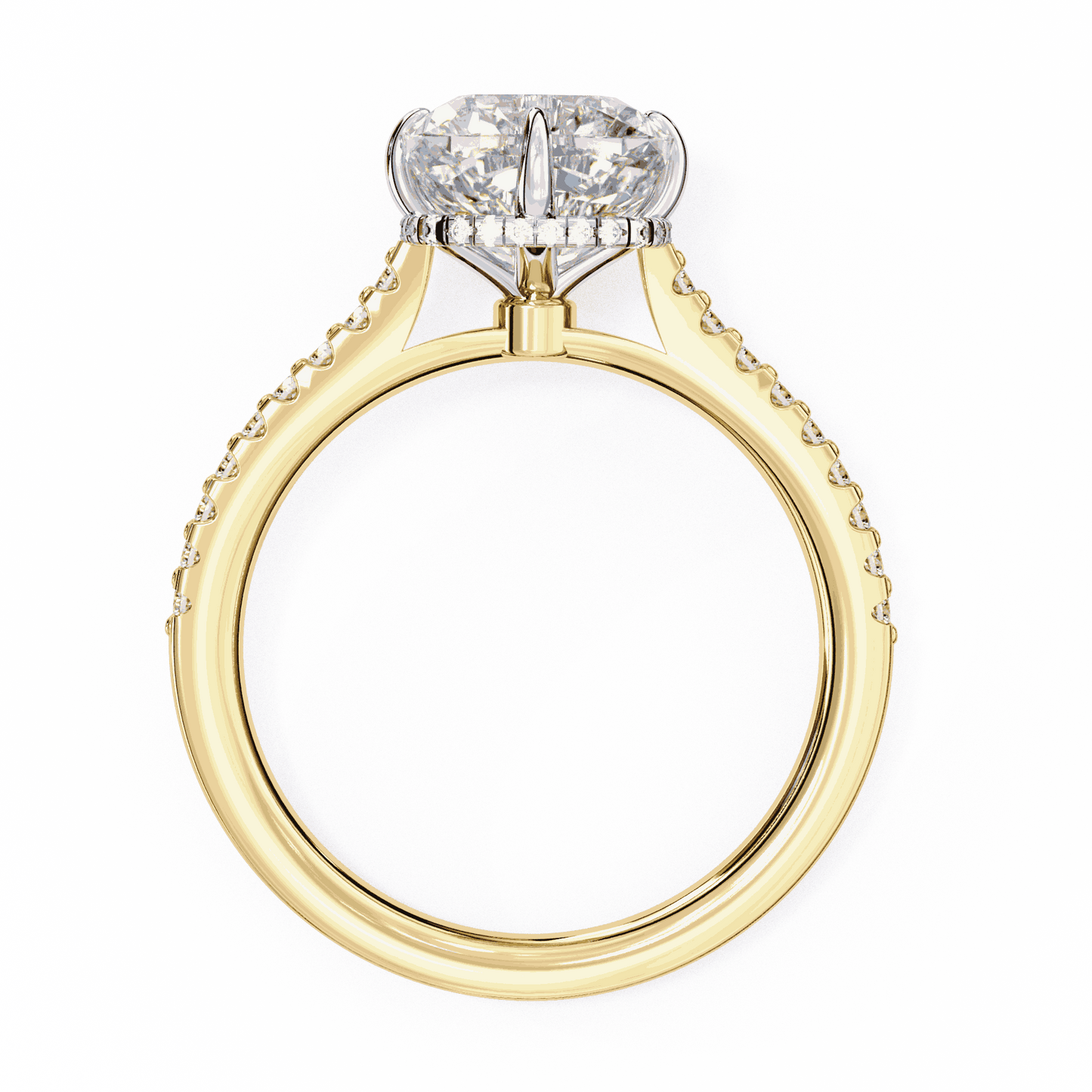Cushion Cut Lab Grown Diamond Solitaire Engagement Ring with Hidden Halo and Pavé Band