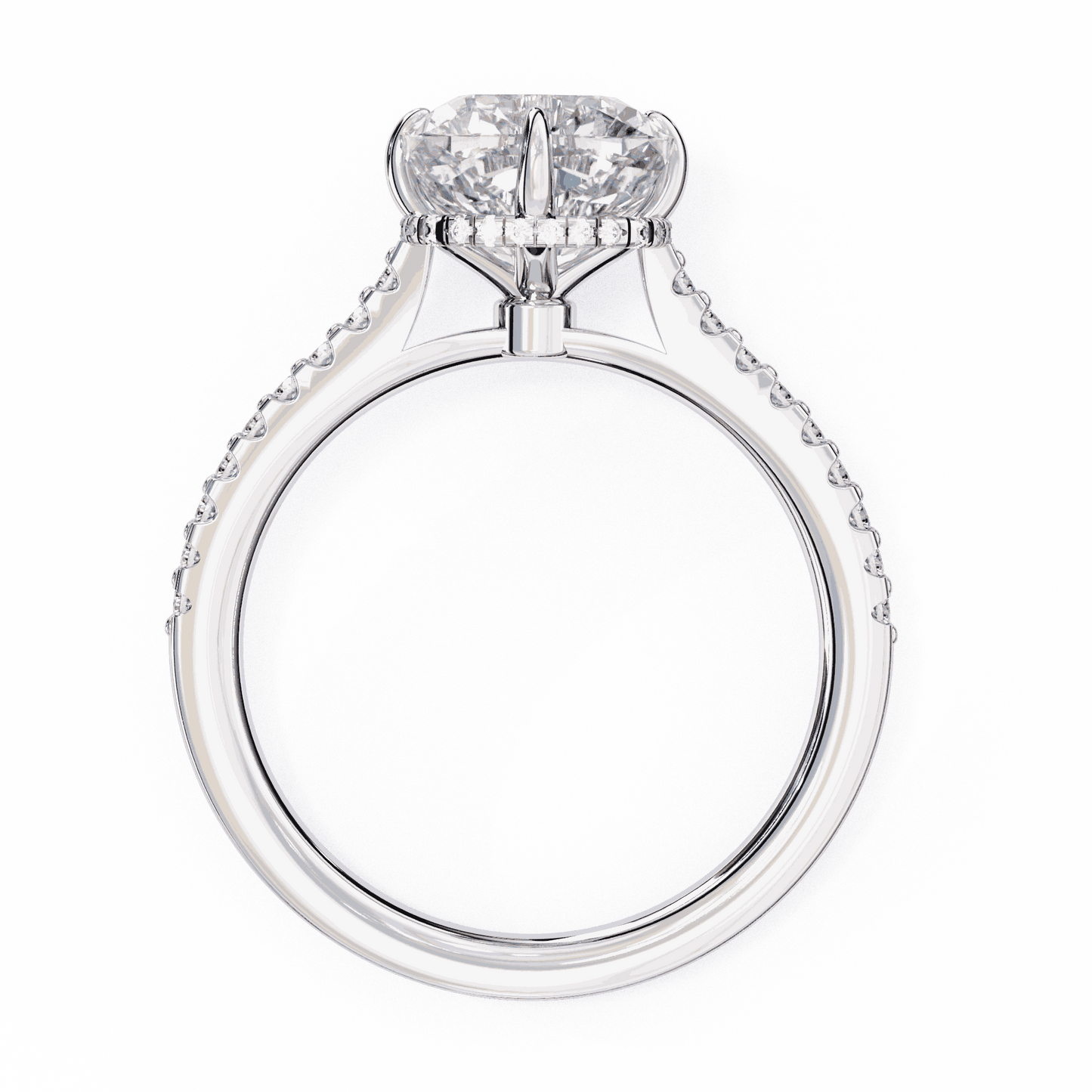 Cushion Cut Lab Grown Diamond Solitaire Engagement Ring with Hidden Halo and Pavé Band