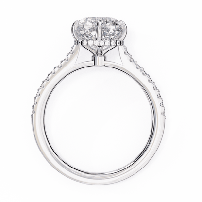 Cushion Cut Lab Grown Diamond Solitaire Engagement Ring with Hidden Halo and Pavé Band