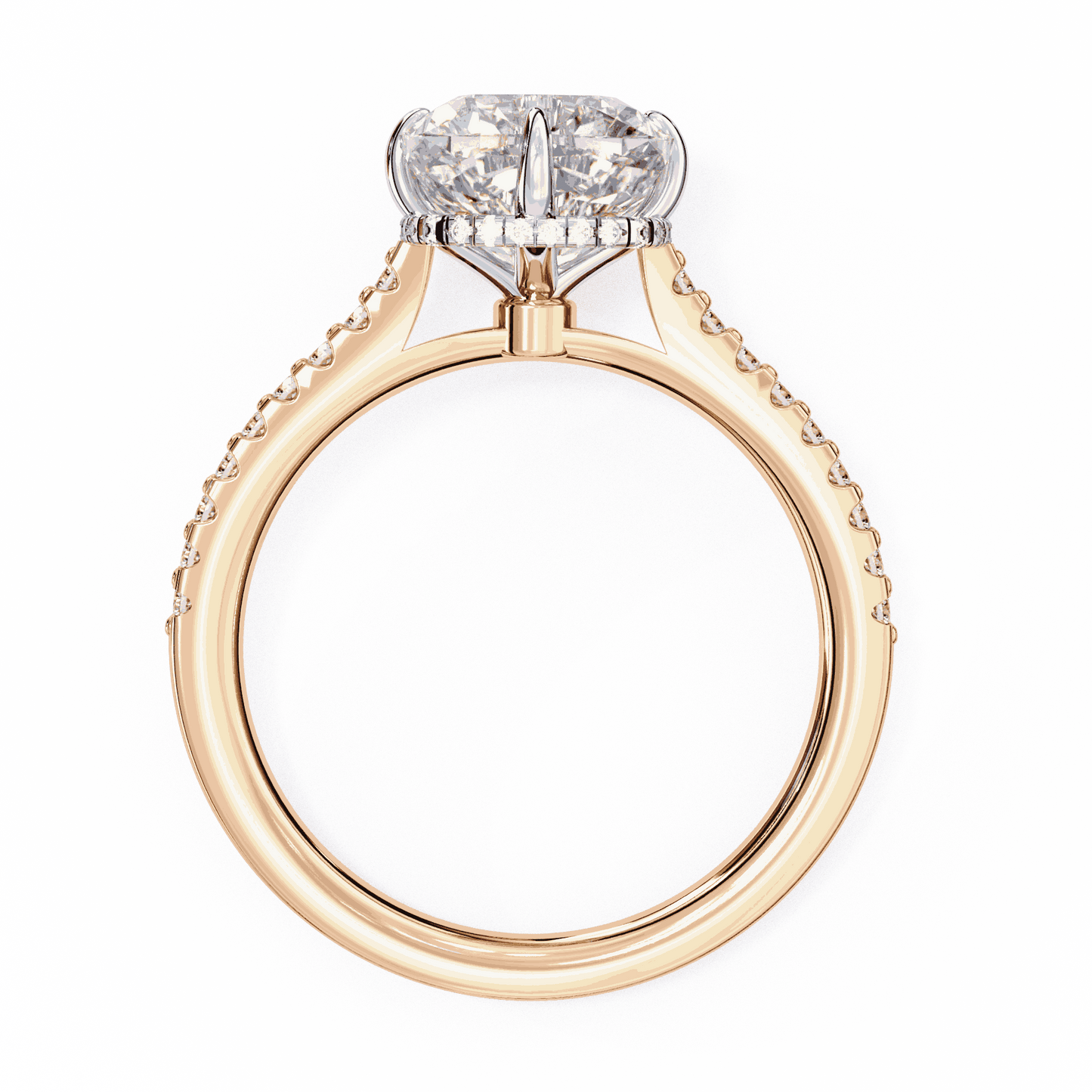 Cushion Cut Lab Grown Diamond Solitaire Engagement Ring with Hidden Halo and Pavé Band