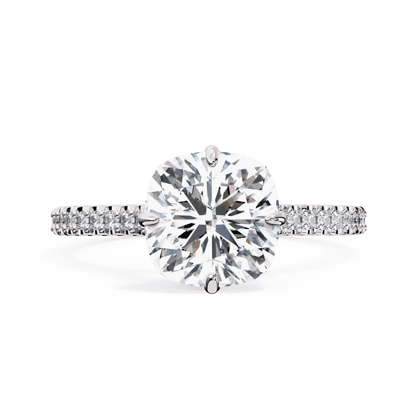 Cushion Cut Lab Grown Diamond Solitaire Engagement Ring with Hidden Halo and Pavé Band
