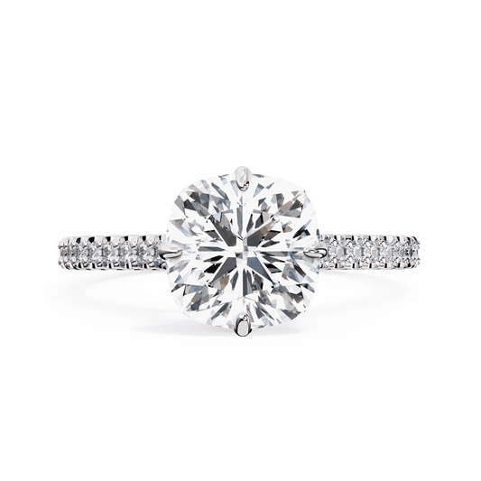 Cushion Cut Lab Grown Diamond Solitaire Engagement Ring with Hidden Halo and Pavé Band