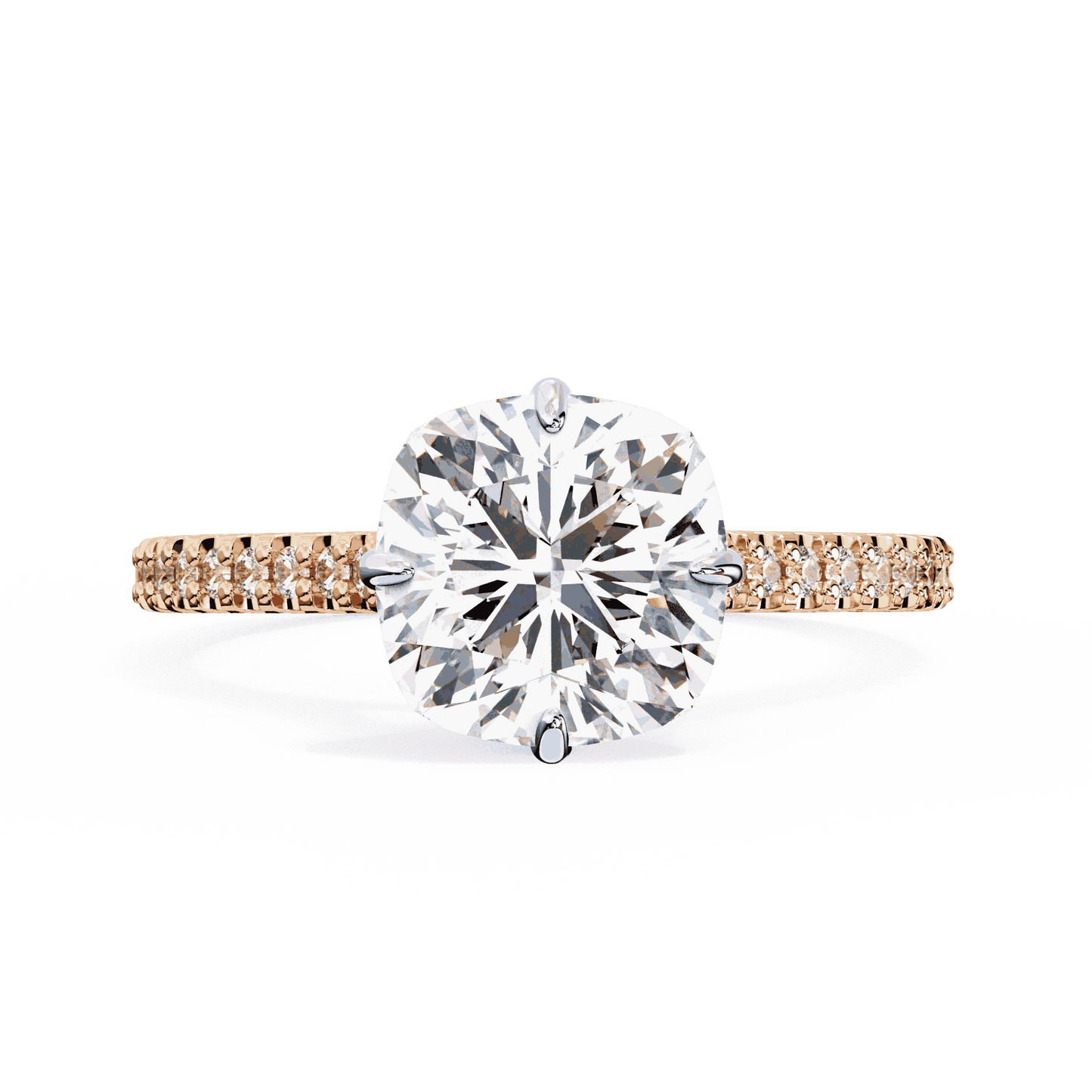 Cushion Cut Lab Grown Diamond Solitaire Engagement Ring with Hidden Halo and Pavé Band